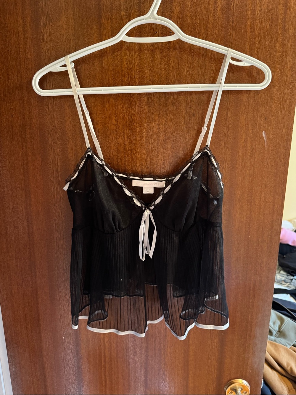 Black Sheer Lace-Trim Cami Tank with Contrast Ribbon